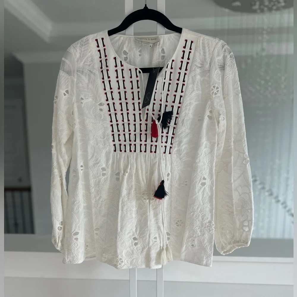 Anthropologie Sachin Babi Peplum Blouse with Puff Sleeves and Embellishments